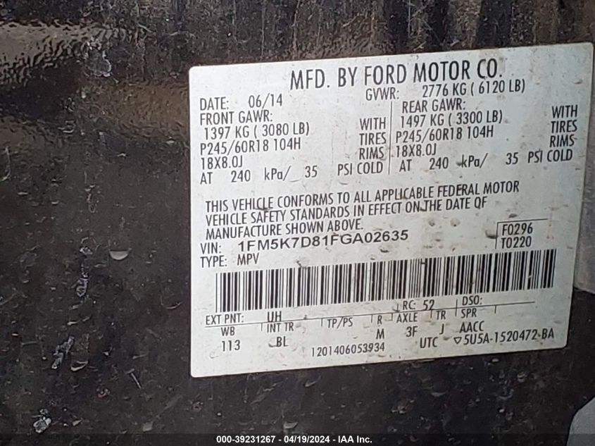 2015 Ford Explorer Xlt VIN: 1FM5K7D81FGA02635 Lot: 39231267