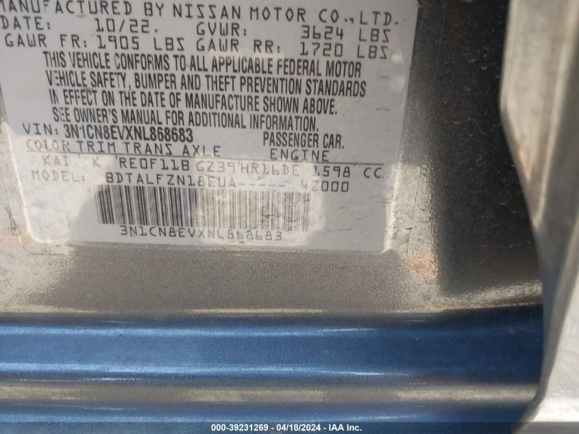 2022 Nissan Versa 1.6 Sv Xtronic Cvt VIN: 3N1CN8EVXNL868683 Lot: 39231269