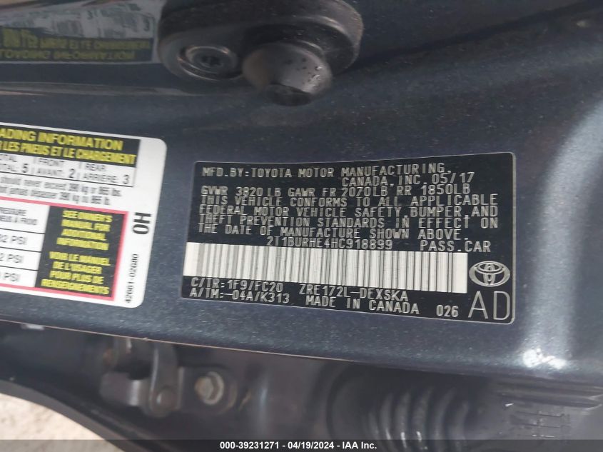 2017 Toyota Corolla Se VIN: 2T1BURHE4HC918899 Lot: 39231271