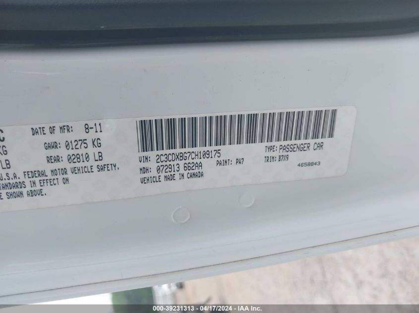 2012 Dodge Charger Se VIN: 2C3CDXBG7CH109175 Lot: 20154376