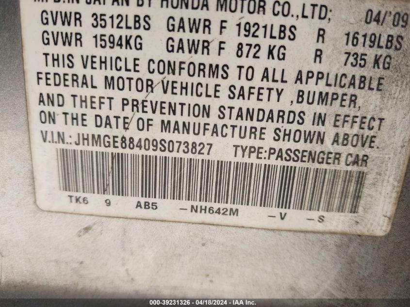 2009 Honda Fit Sport VIN: JHMGE88409S073827 Lot: 20154593