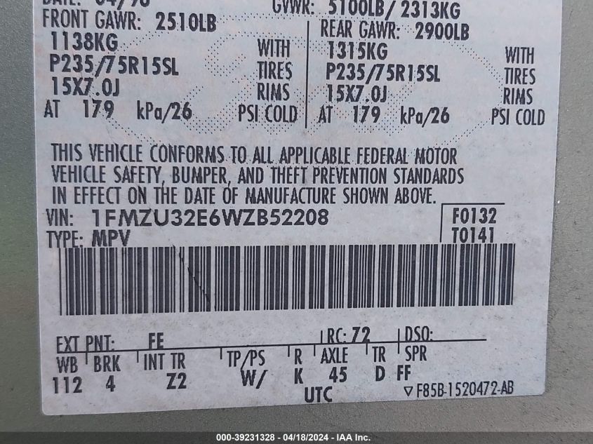 1998 Ford Explorer Eddie Bauer/Limited/Xl/Xlt VIN: 1FMZU32E6WZB52208 Lot: 48688644