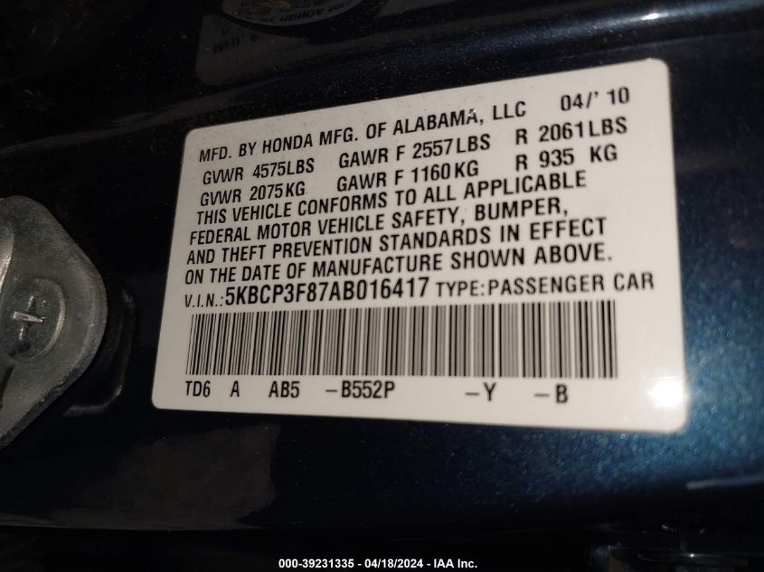 2010 Honda Accord 3.5 Ex-L VIN: 5KBCP3F87AB016417 Lot: 39231335