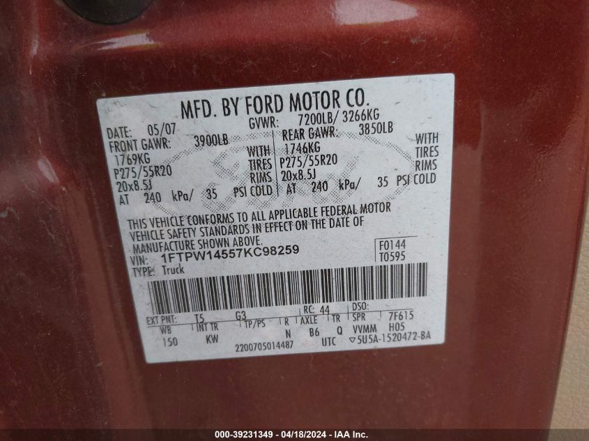 2007 Ford F-150 Fx4/Lariat/Xlt VIN: 1FTPW14557KC98259 Lot: 39231349