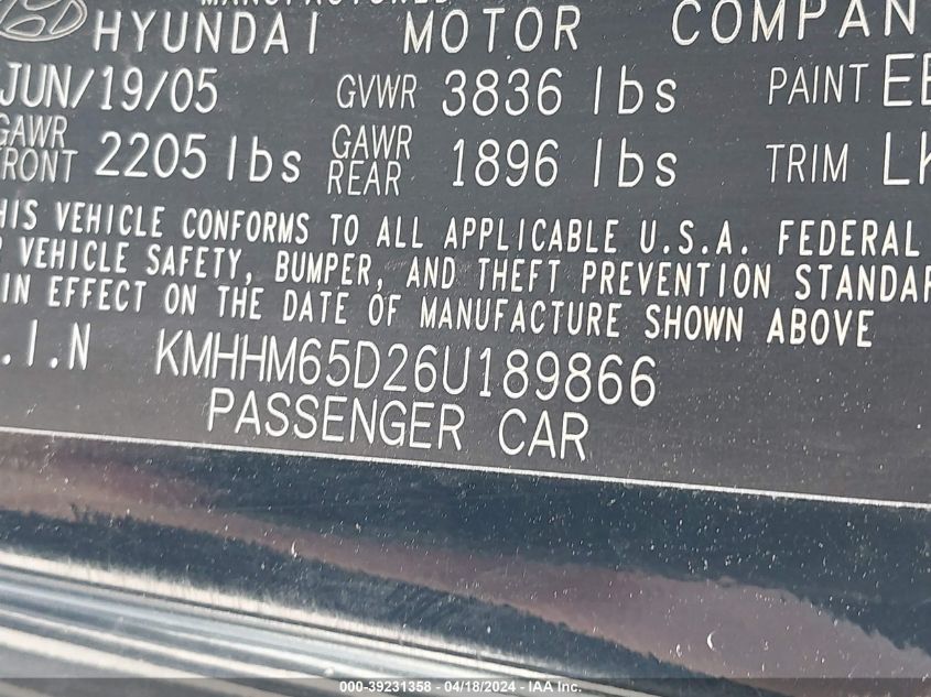 2006 Hyundai Tiburon Gs VIN: KMHHM65D26U189866 Lot: 39231358