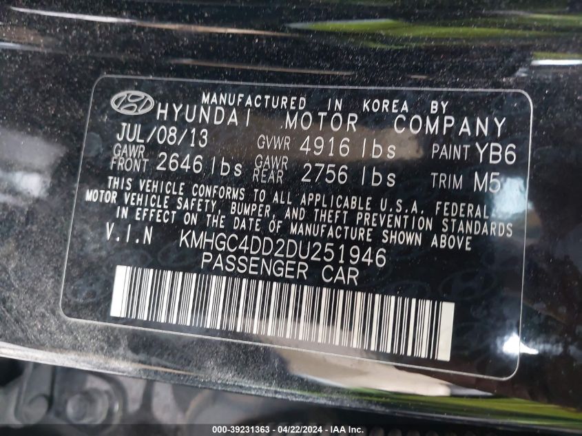 2013 Hyundai Genesis 3.8 VIN: KMHGC4DD2DU251946 Lot: 39231363