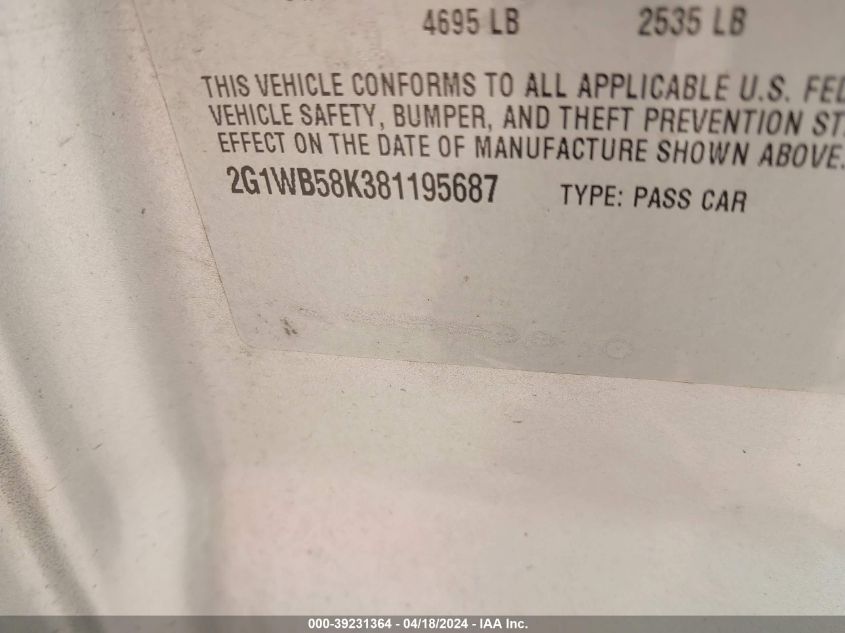 2008 Chevrolet Impala Ls VIN: 2G1WB58K381195687 Lot: 39231364