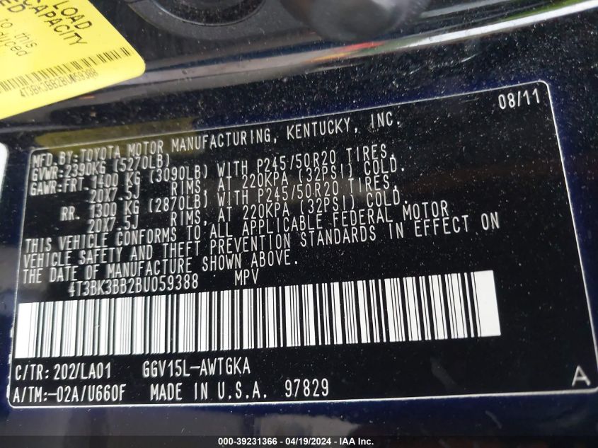 2011 Toyota Venza Base V6 VIN: 4T3BK3BB2BU059388 Lot: 39231366