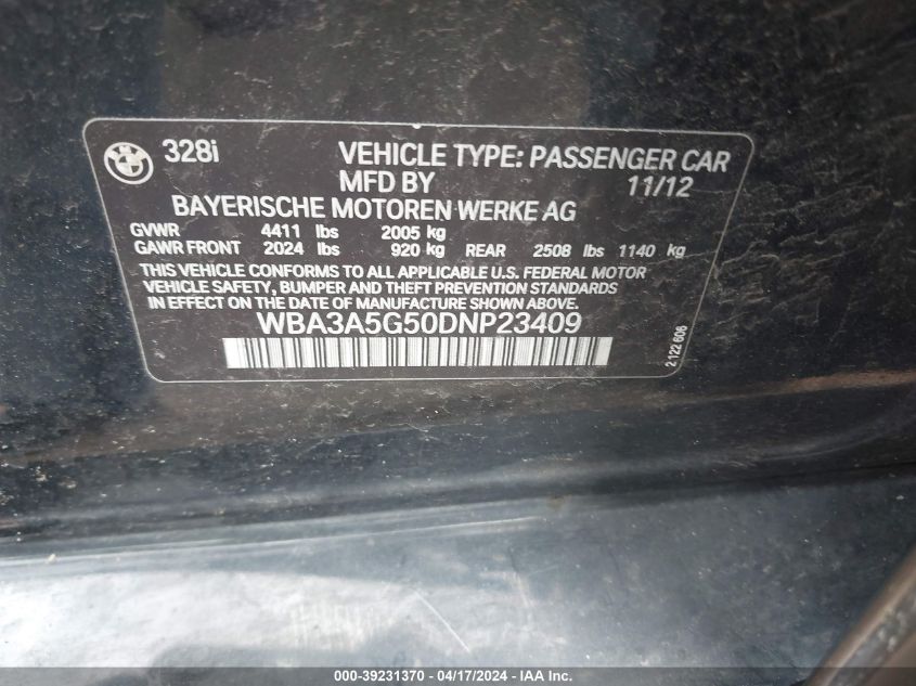 2013 BMW 328I VIN: WBA3A5G50DNP23409 Lot: 39231370