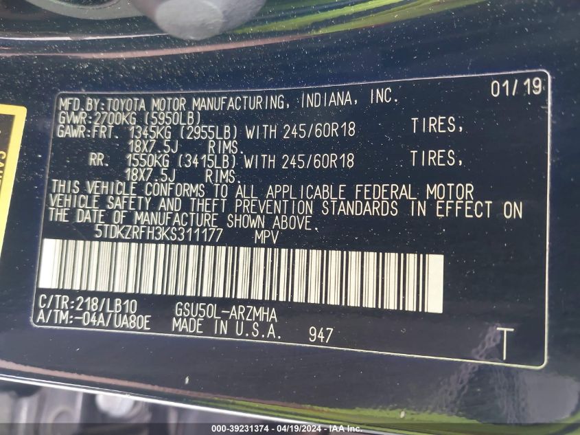 2019 Toyota Highlander Xle VIN: 5TDKZRFH3KS311177 Lot: 39231374