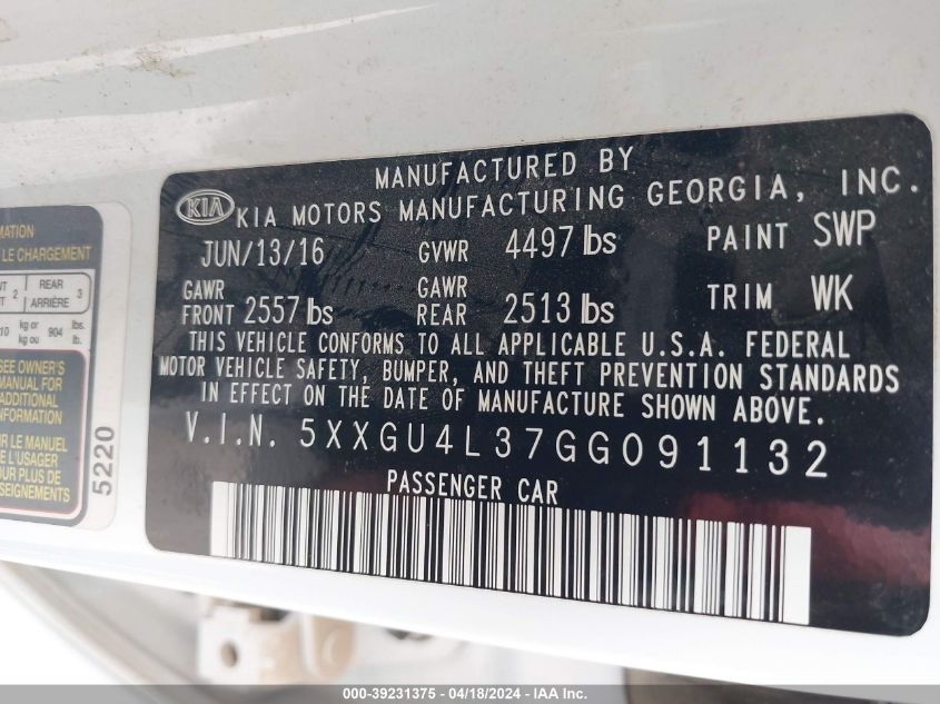 2016 Kia Optima Ex VIN: 5XXGU4L37GG091132 Lot: 39231375