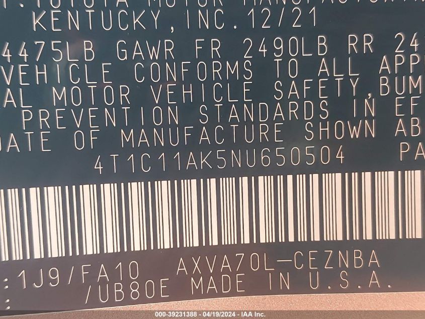 2022 Toyota Camry Le VIN: 4T1C11AK5NU650504 Lot: 39231388