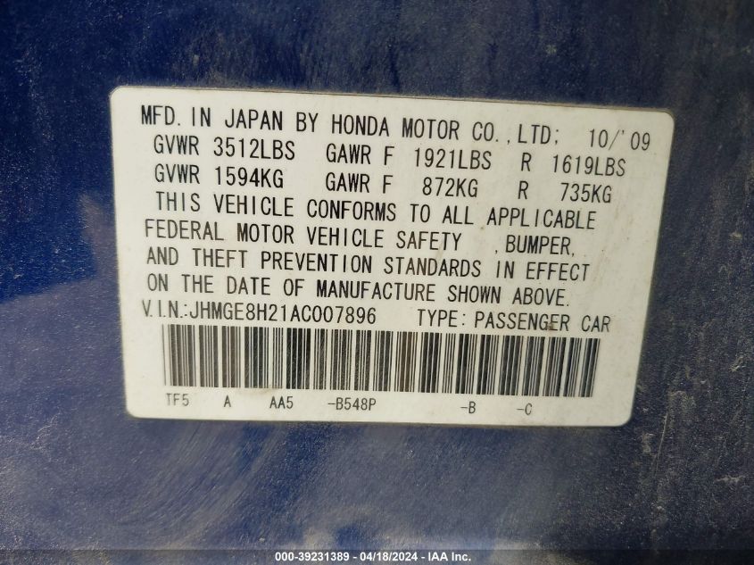 2010 Honda Fit VIN: JHMGE8H21AC007896 Lot: 39231389