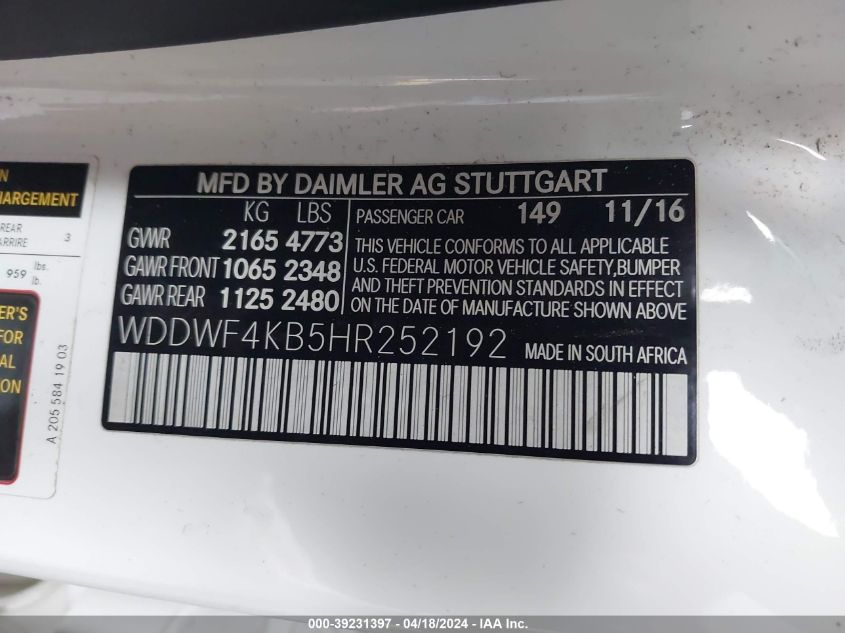 2017 Mercedes-Benz C 300 4Matic/Luxury 4Matic/Sport 4Matic VIN: WDDWF4KB5HR252192 Lot: 39231397