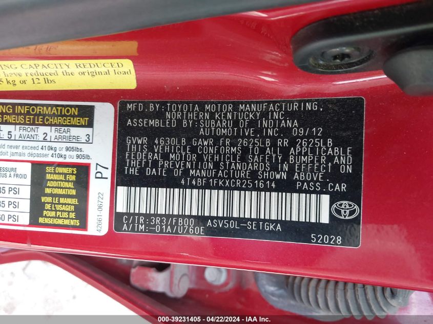 2012 Toyota Camry Xle VIN: 4T4BF1FKXCR251614 Lot: 39231405