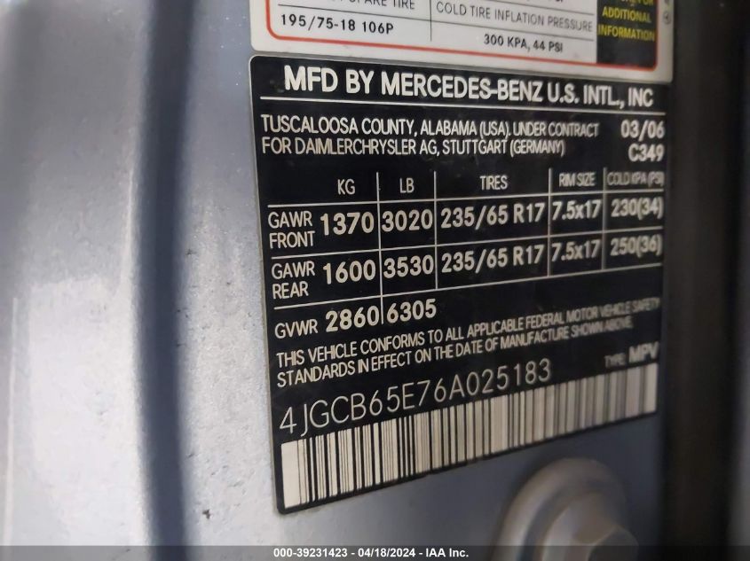 2006 Mercedes-Benz R 350 4Matic VIN: 4JGCB65E76A025183 Lot: 39231423