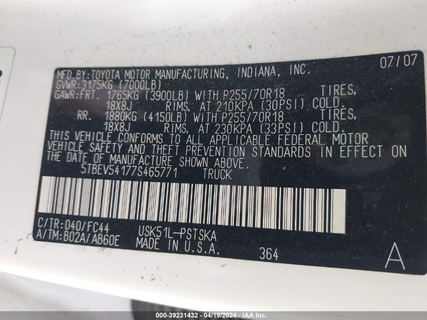 2007 Toyota Tundra Sr5 5.7L V8 VIN: 5TBEV54177S465771 Lot: 39231432