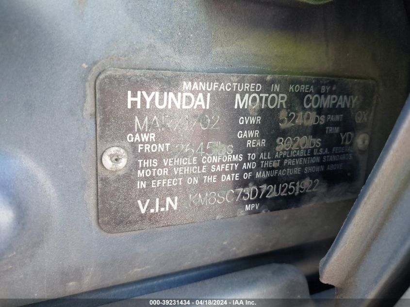 2002 Hyundai Santa Fe Gls/Lx VIN: KM8SC73D72U251922 Lot: 20153397