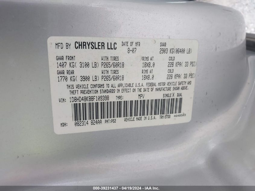 2008 Dodge Durango Slt VIN: 1D8HD48K88F109398 Lot: 39231437