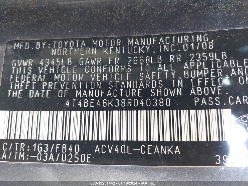 2008 Toyota Camry Le VIN: 4T4BE46K38R040380 Lot: 39231442