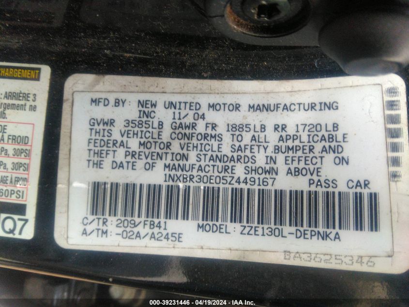 2005 Toyota Corolla Le VIN: 1NXBR30E05Z449167 Lot: 39231446