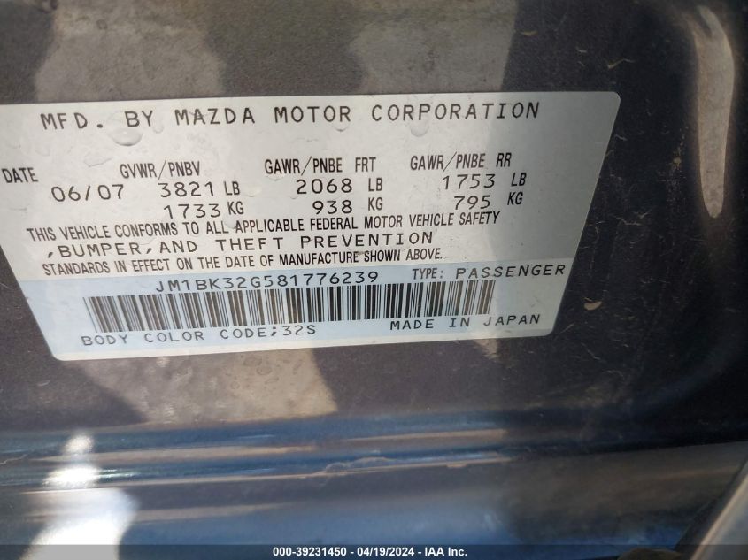 2008 Mazda Mazda3 I VIN: JM1BK32G581776239 Lot: 39231450