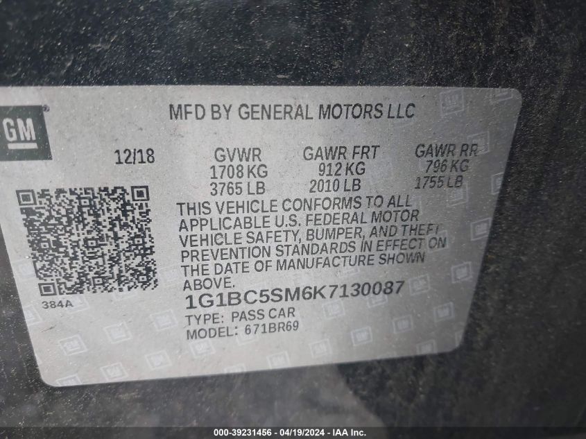 2019 Chevrolet Cruze Ls VIN: 1G1BC5SM6K7130087 Lot: 39255421