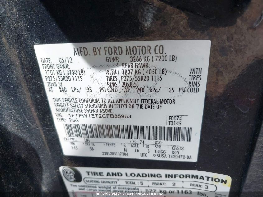 2012 Ford F-150 Fx4 VIN: 1FTFW1ET2CFB85963 Lot: 39231471