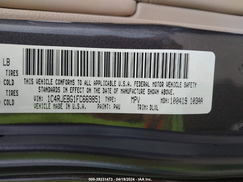 2015 Jeep Grand Cherokee Limited VIN: 1C4RJEBG1FC669851 Lot: 39231473