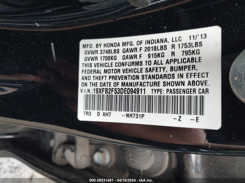 2013 Honda Civic Lx VIN: 19XFB2F53DE094911 Lot: 39231481