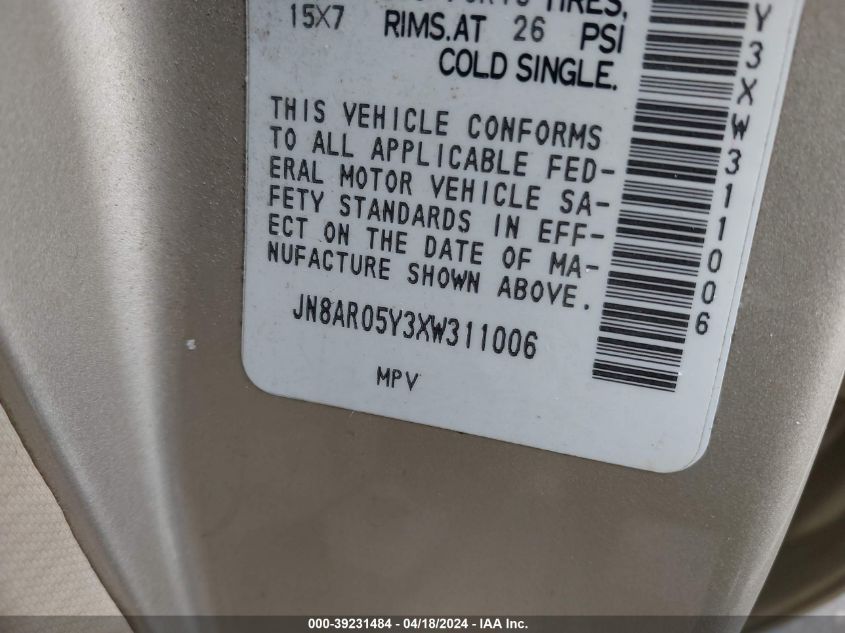 1999 Nissan Pathfinder Le/Se/Xe VIN: JN8AR05Y3XW311006 Lot: 39231484