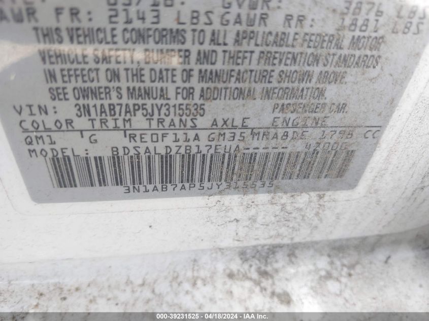 2018 Nissan Sentra Sv VIN: 3N1AB7AP5JY315535 Lot: 30036133