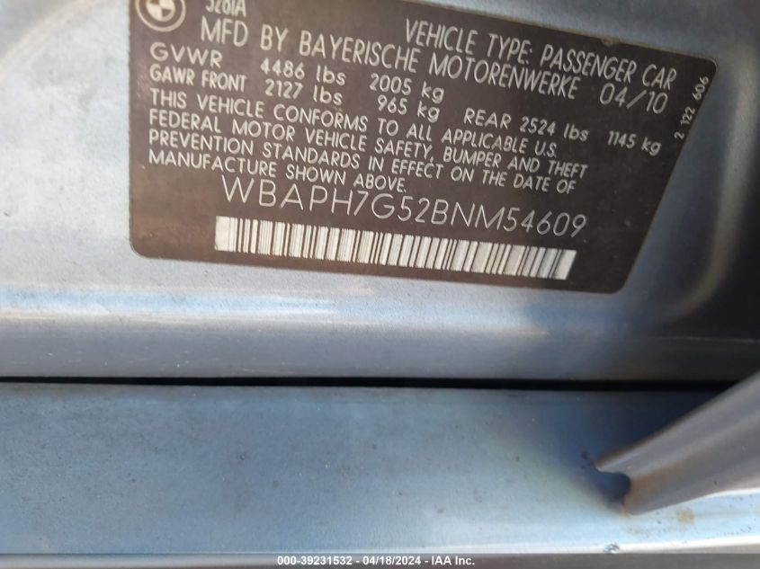 2011 BMW 328I VIN: WBAPH7G52BNM54609 Lot: 39231532