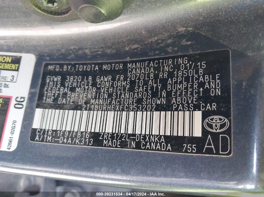 2015 Toyota Corolla Le VIN: 2T1BURHEXFC353202 Lot: 20153581