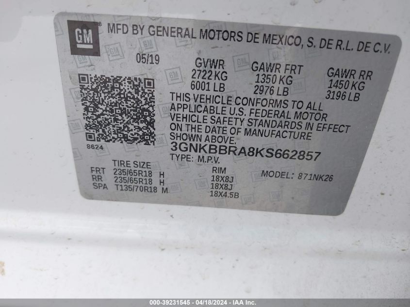 2019 Chevrolet Blazer VIN: 3GNKBBRA8KS662857 Lot: 39231545