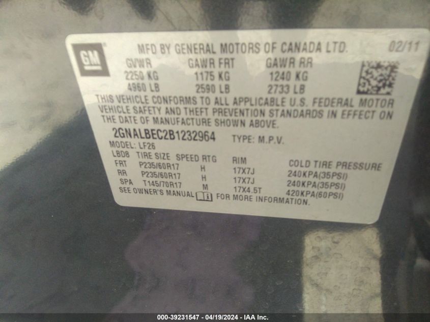 2011 Chevrolet Equinox Ls VIN: 2GNALBEC2B1232964 Lot: 39231547