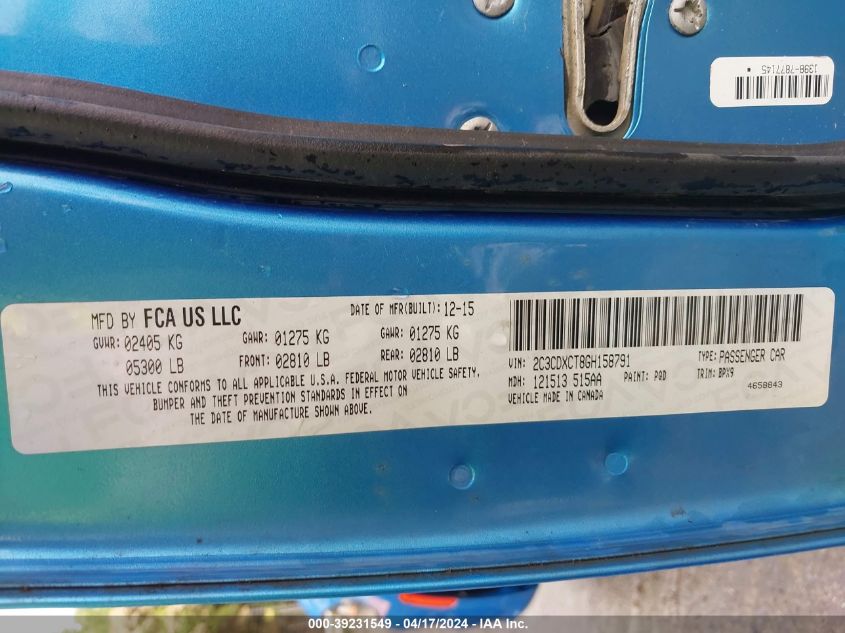 2016 Dodge Charger R/T VIN: 2C3CDXCT8GH158791 Lot: 39231549