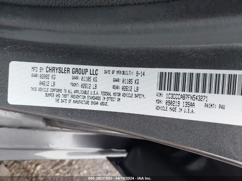 2015 Chrysler 200 Limited VIN: 1C3CCCAB7FN543271 Lot: 39231553