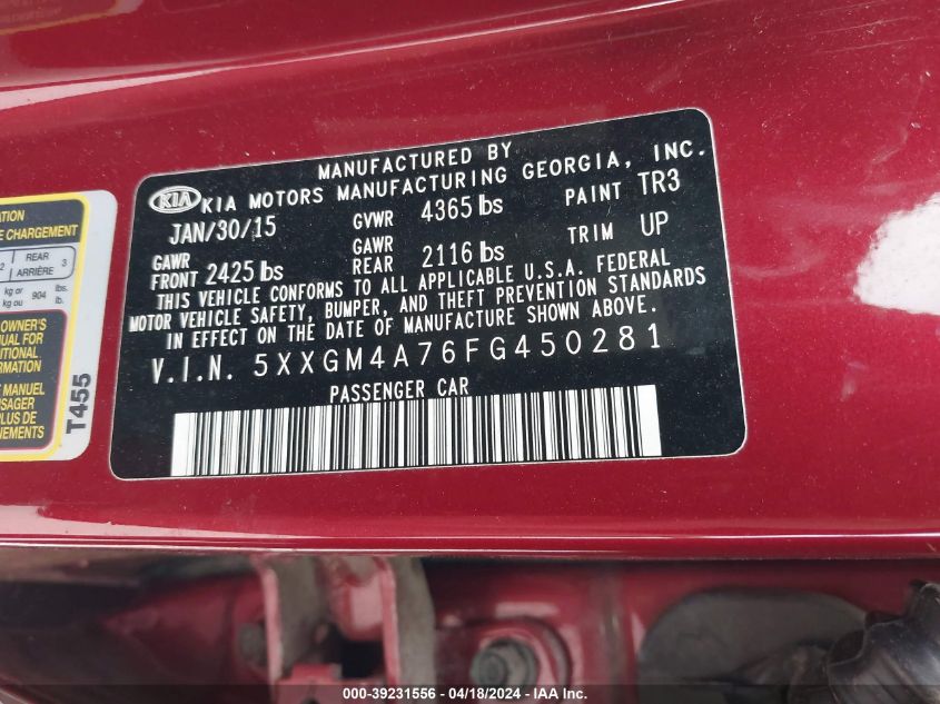 2015 Kia Optima Lx VIN: 5XXGM4A76FG450281 Lot: 39231556