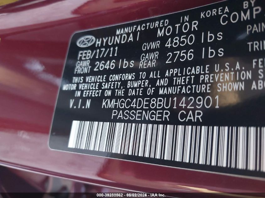 2011 Hyundai Genesis 3.8 VIN: KMHGC4DE8BU142901 Lot: 39231562