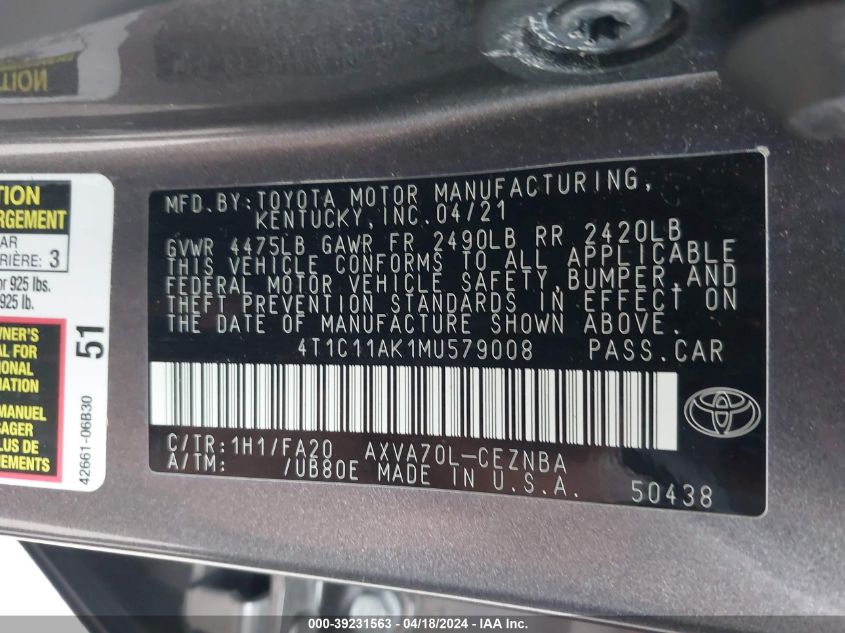 2021 Toyota Camry Le VIN: 4T1C11AK1MU579008 Lot: 39231563
