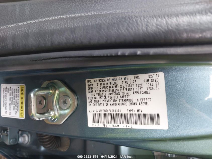 2015 Honda Crosstour Ex-L VIN: 5J6TF3H50FL001373 Lot: 30036037