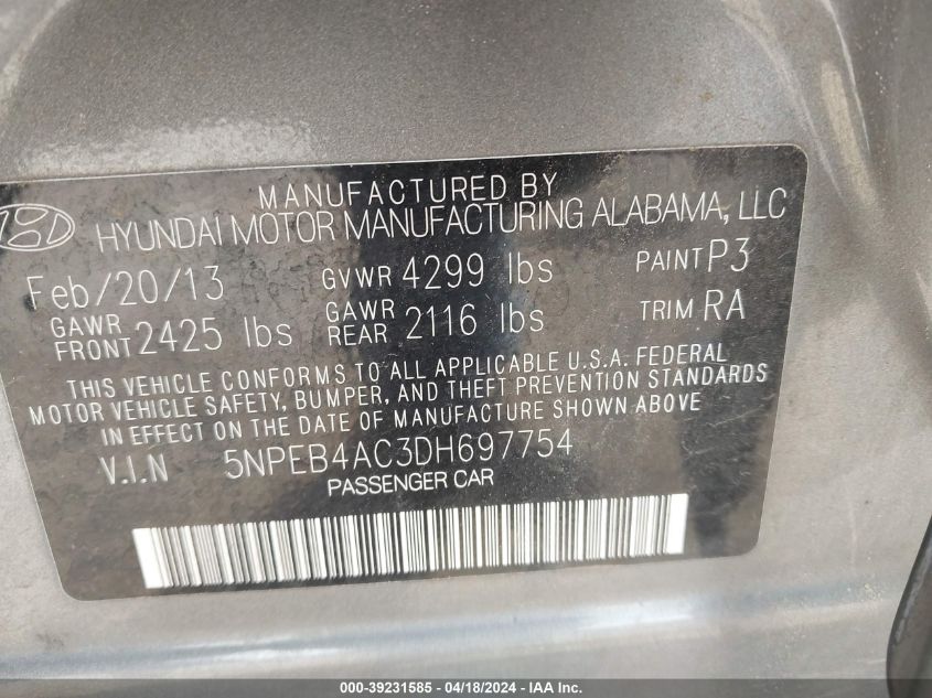 2013 Hyundai Sonata Gls VIN: 5NPEB4AC3DH697754 Lot: 48194484