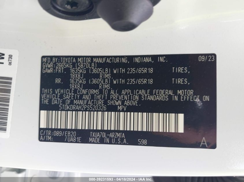 2023 Toyota Highlander Xle VIN: 5TDKDRAH2PS520326 Lot: 39231593