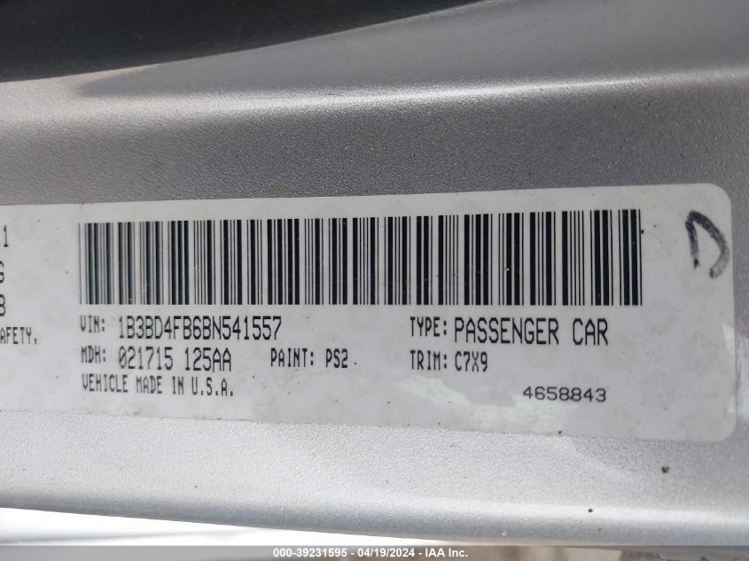 2011 Dodge Avenger Express VIN: 1B3BD4FB6BN541557 Lot: 39231595