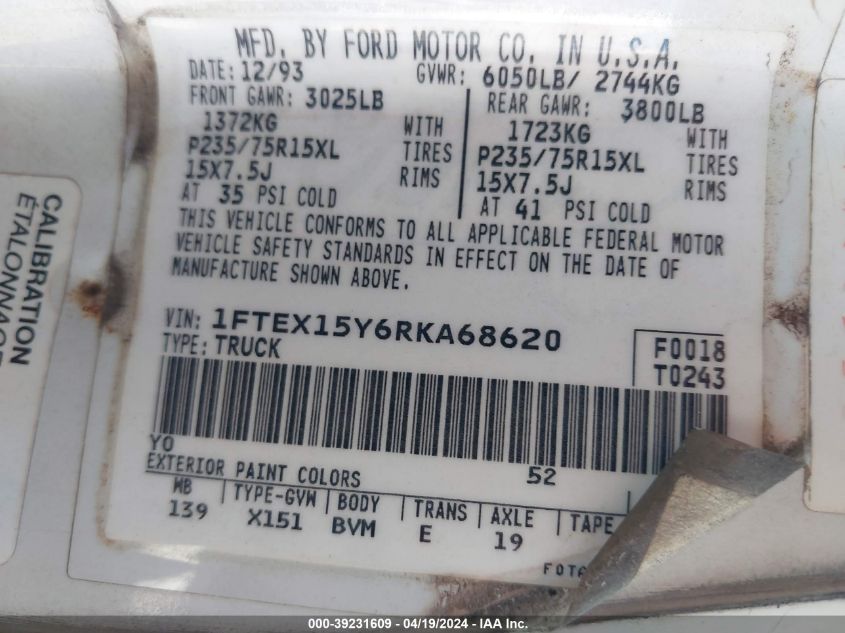 1994 Ford F150 VIN: 1FTEX15Y6RKA68620 Lot: 39231609