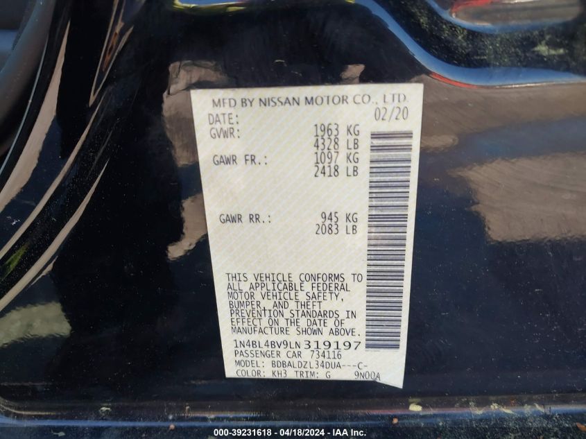 2020 Nissan Altima S Fwd VIN: 1N4BL4BV9LN319197 Lot: 39231618