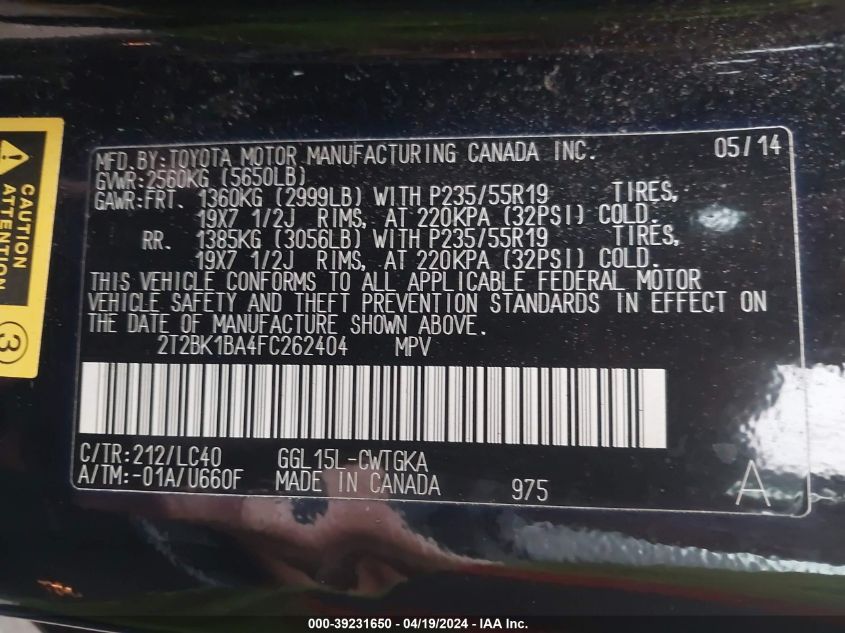 2015 Lexus Rx 350 VIN: 2T2BK1BA4FC262404 Lot: 39255435