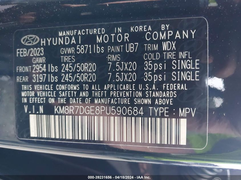 2023 Hyundai Palisade Calligraphy VIN: KM8R7DGE8PU590684 Lot: 39231656