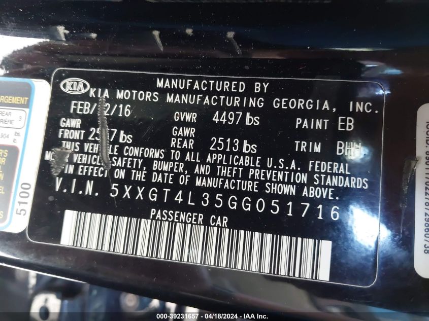 2016 Kia Optima Lx VIN: 5XXGT4L35GG051716 Lot: 39231657